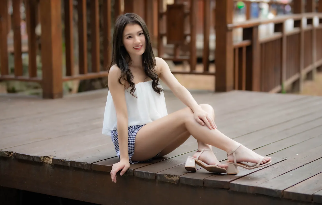 Фото обои улыбка, азиатка, милашка, красивая девушка, smile, босоножки, beautiful girl, asian