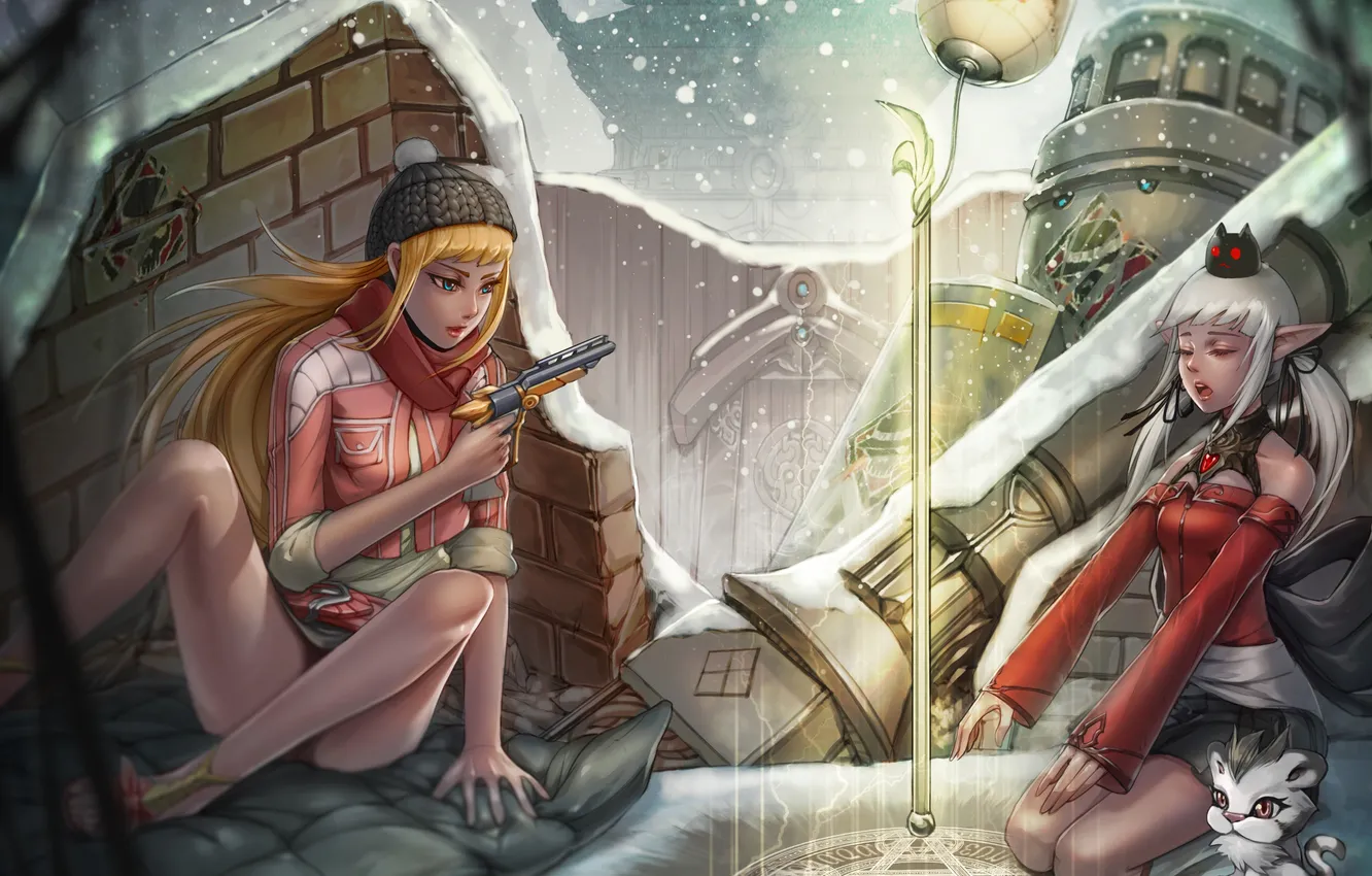 Фото обои зима, снег, пистолет, девушки, магия, эльф, заклинание