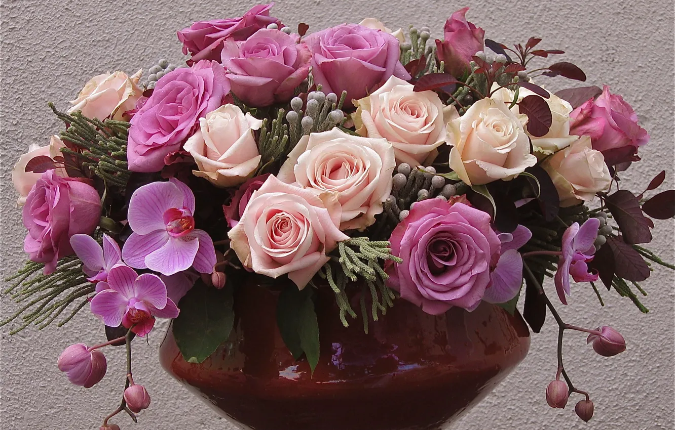 Фото обои фиолетовый, цветы, сиреневый, розовый, розы, ваза, лиловый, орхидеи