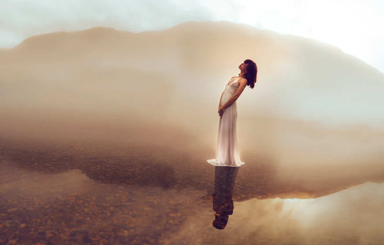 Фото обои вода, девушка, озеро, отражение, настроение, платье