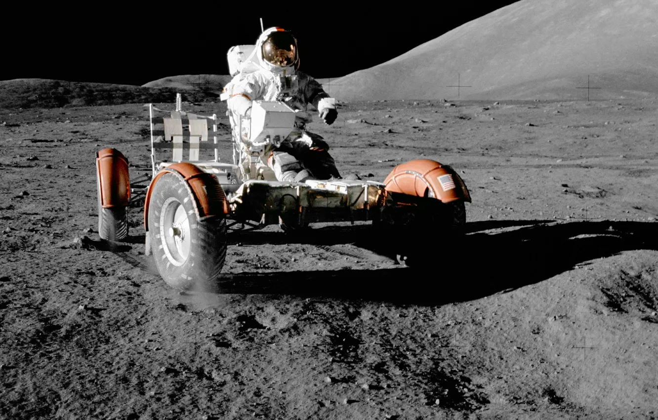Фото обои космос, обои, луна, космонавт, nasa, лунный автомобиль