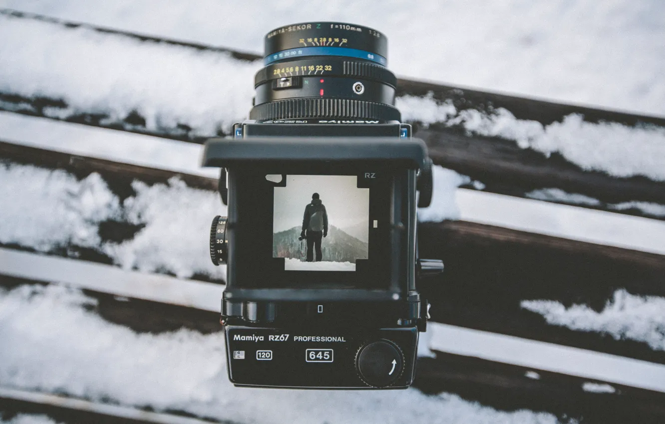 Фото обои зима, снег, пейзаж, горы, фотография, камера, объектив, Mamiya