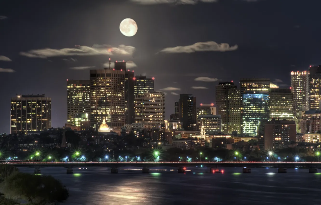 Фото обои ночь, луна, здания, Moon, Boston