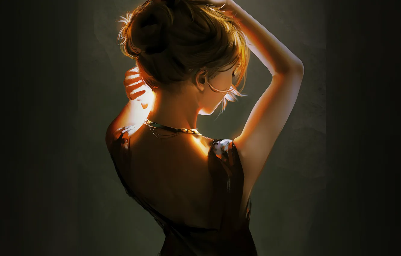 Фото обои ожерелье, в темноте, портрет девушки, со спины, руки над головой