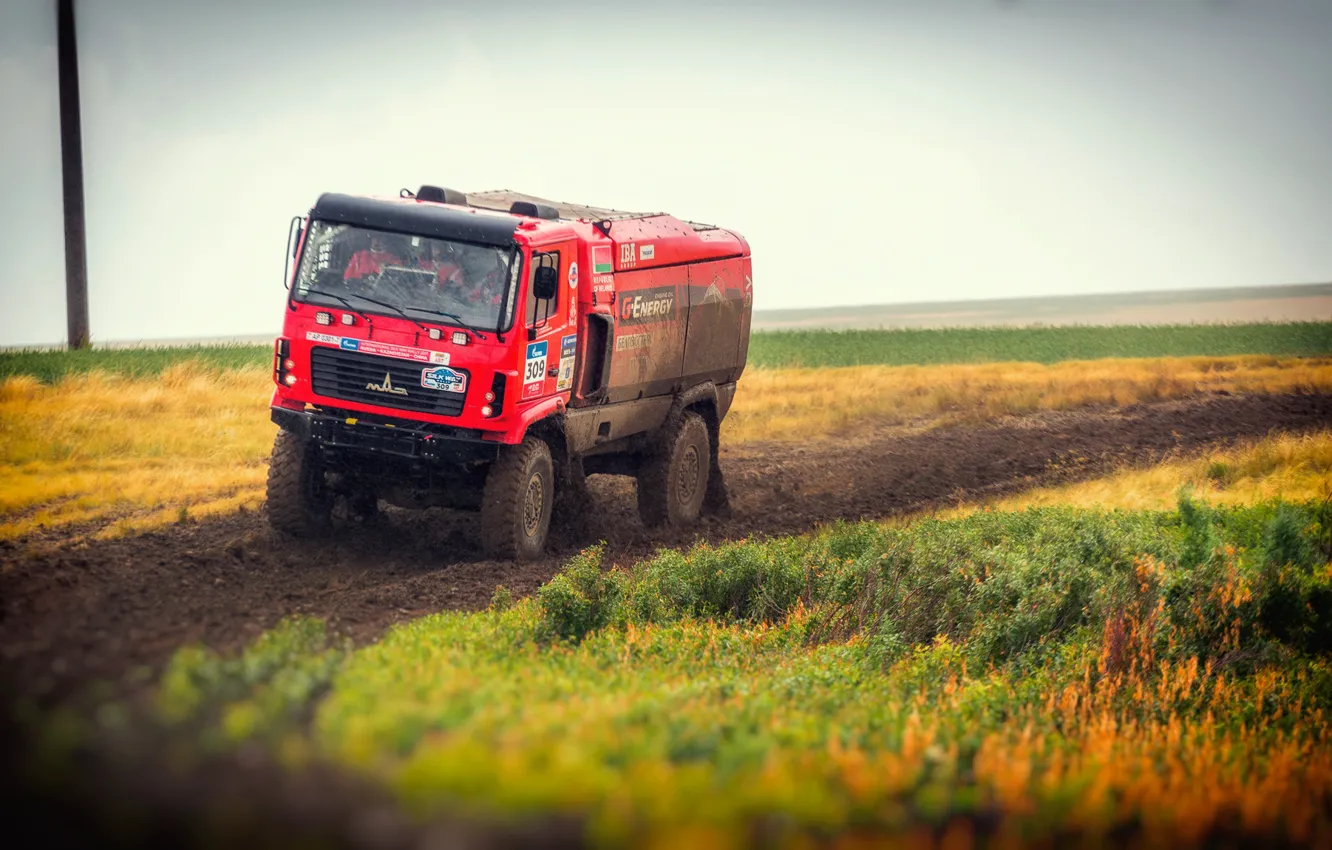 Фото обои Красный, Грузовик, Гонка, Грязь, Rally, Ралли, Передок, Бездорожье