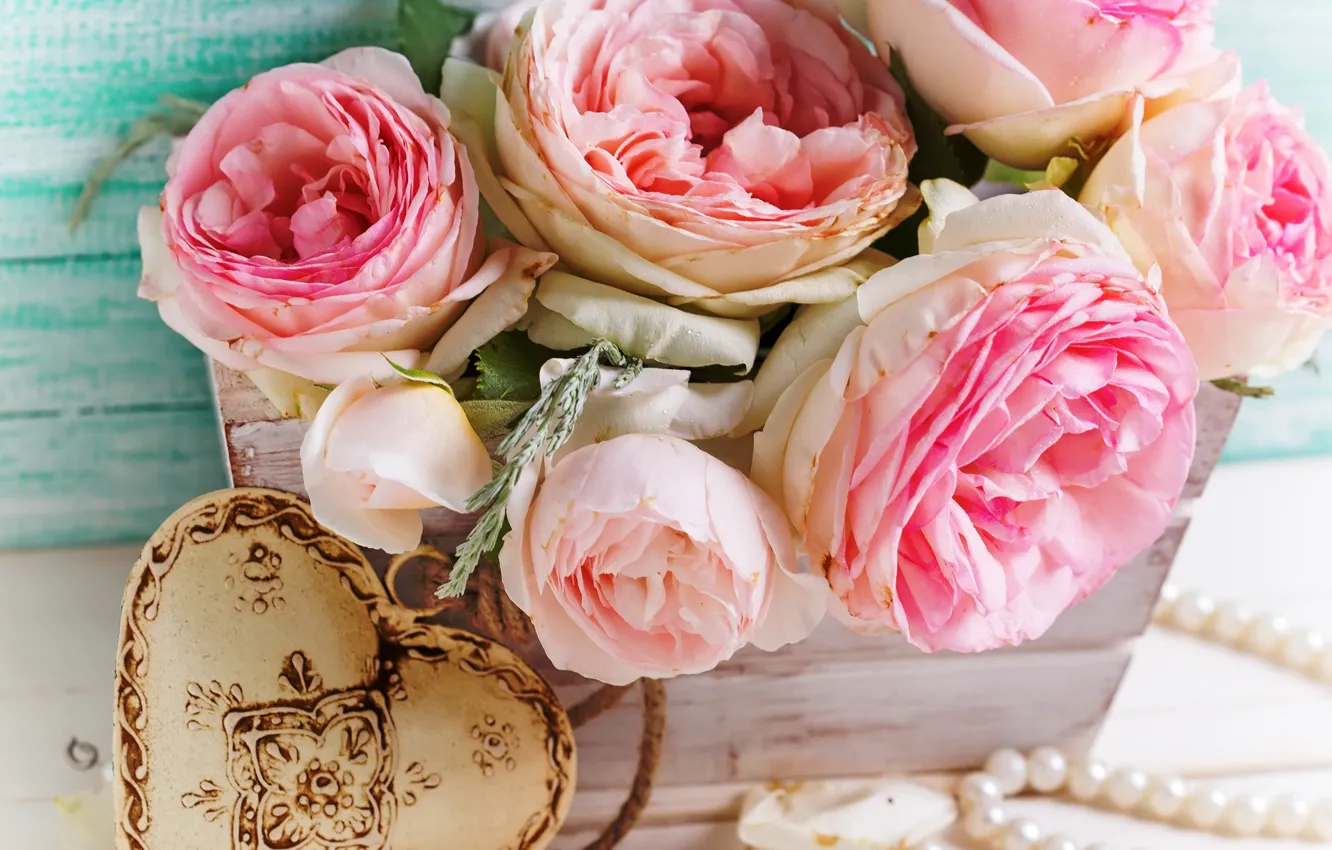 Фото обои цветы, розы, букет, love, розовые, vintage, heart, wood