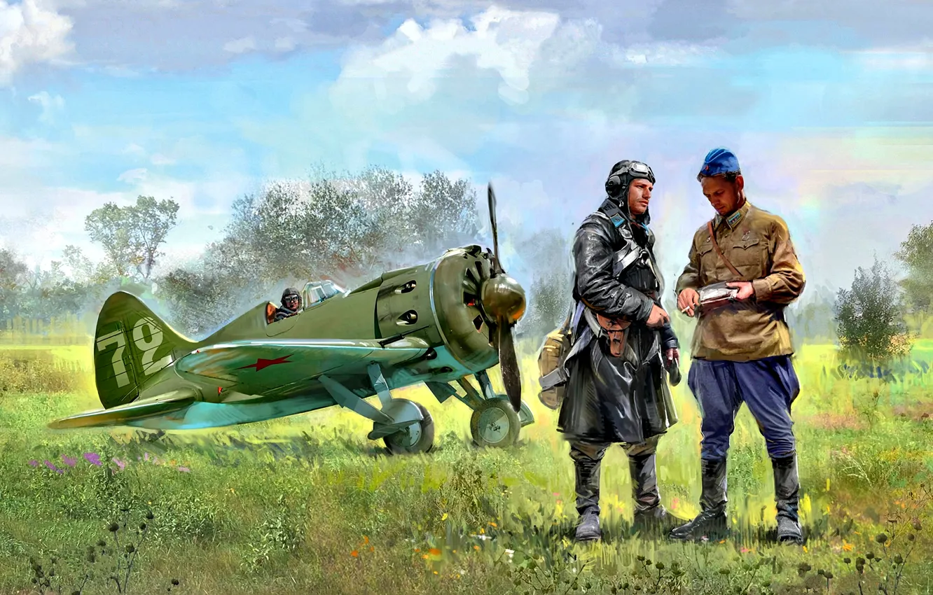 Фото обои Трава, истребитель, И-16, ВВС РККА, Лётчики, Радиальный двигатель