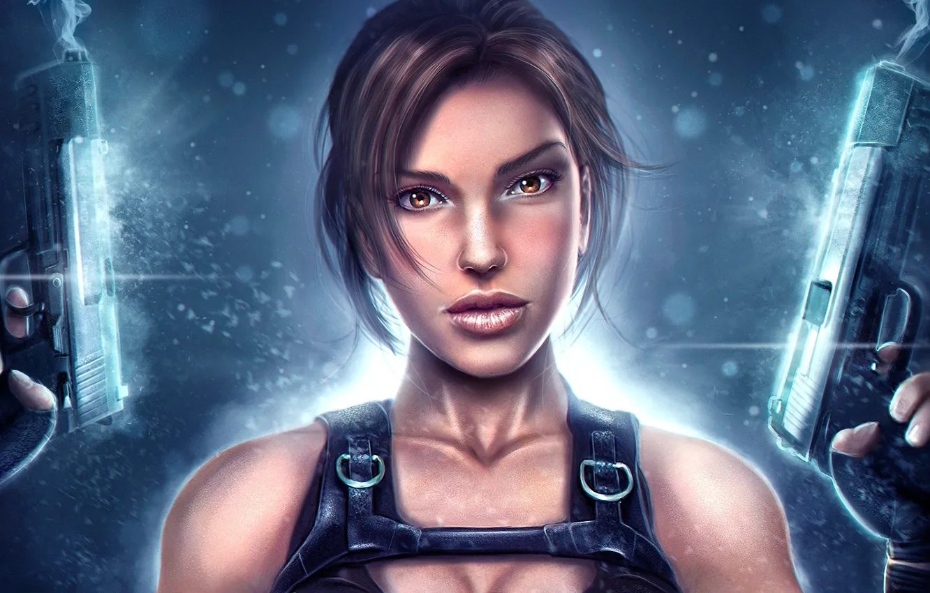 Фото обои девушка, оружие, пистолеты, арт, Tomb Raider, Lara Croft