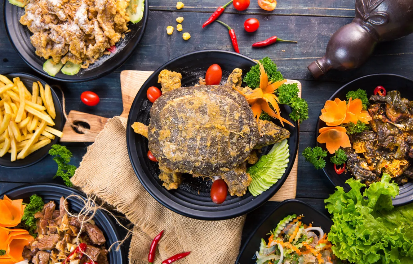 Фото обои черепаха, сервировка, азиатская кухня, салаты