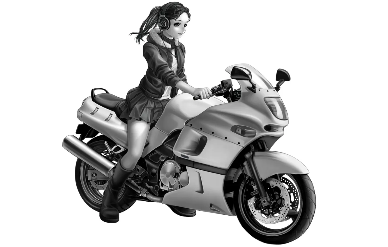 Фото обои девушка, рисунок, наушники, мотоцикл, белый фон
