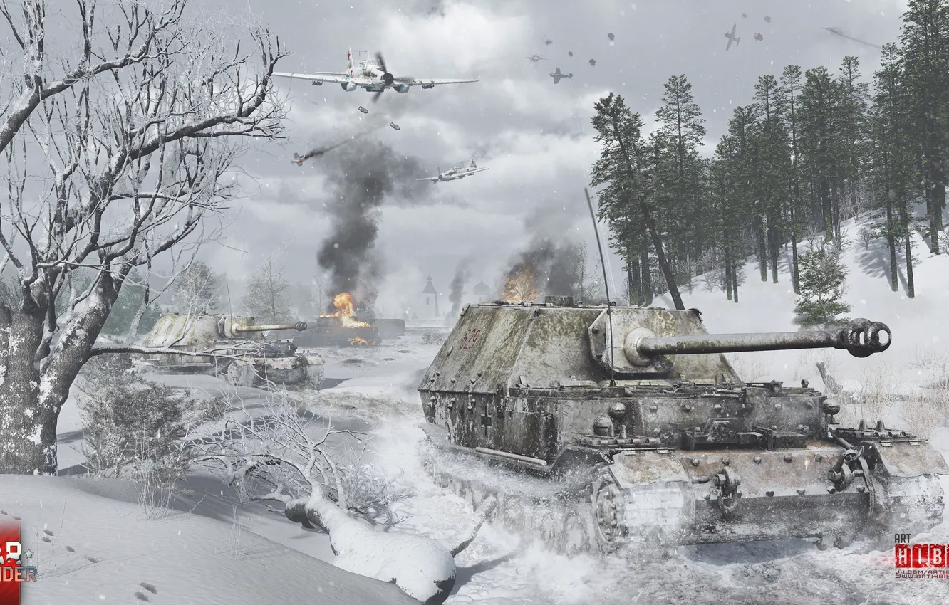 Фото обои самолет, бой, танк, aircraft, snow, battle, ил-2, tank