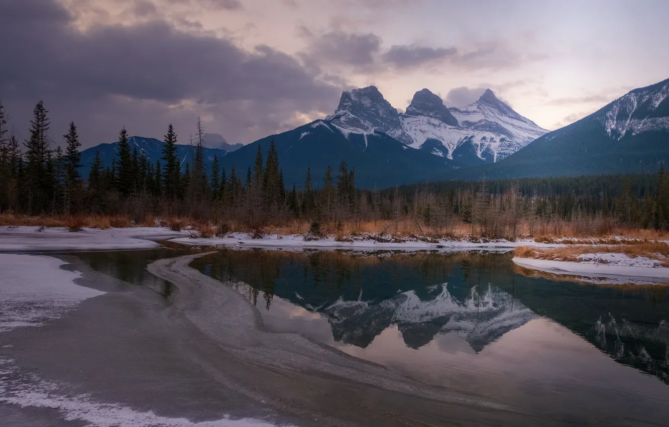 Фото обои зима, лес, облака, снег, горы, озеро, берег, Канада