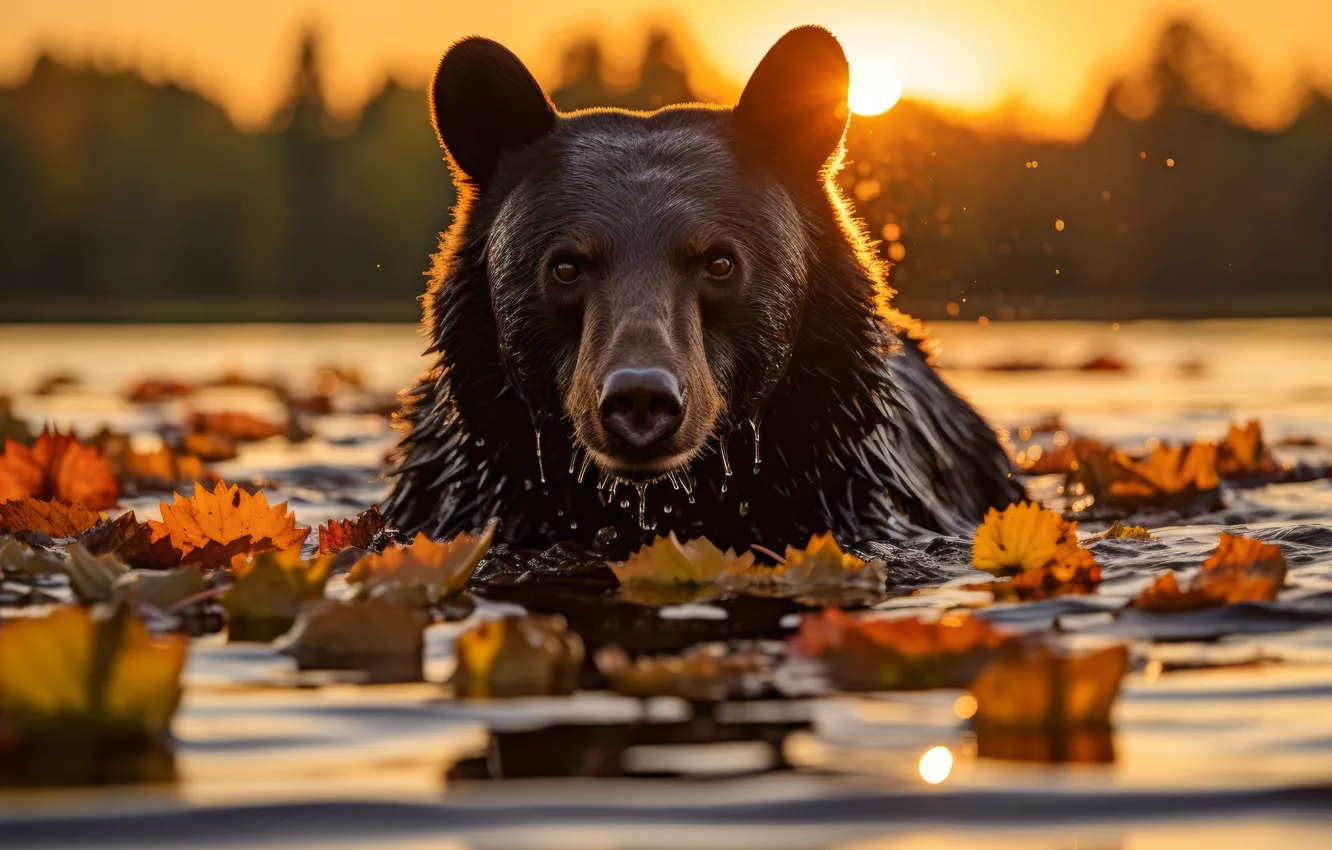 Фото обои animals, sunset, water, leaves, digital art, blurred, bears, swimming