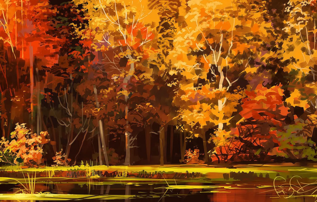 Фото обои осень, лес, деревья, озеро, арт
