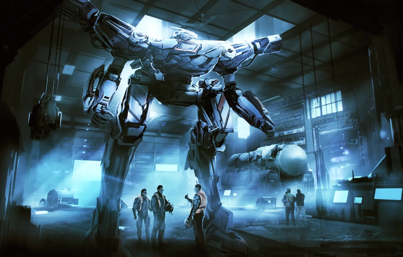 Фото обои оружие, люди, фантастика, робот, арт, ангар, пилот