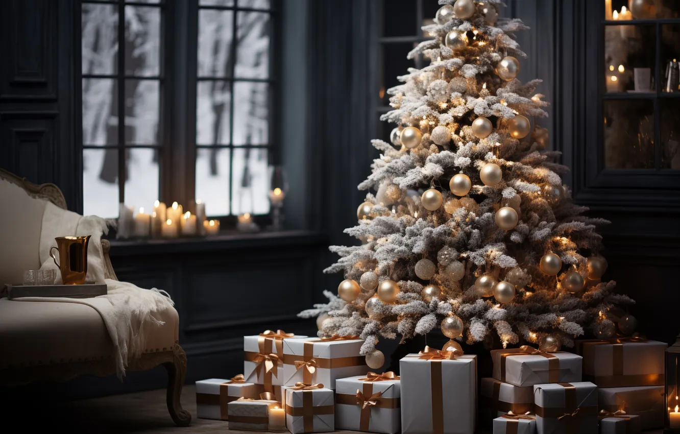 Фото обои украшения, комната, елка, интерьер, Рождество, подарки, Новый год, Christmas