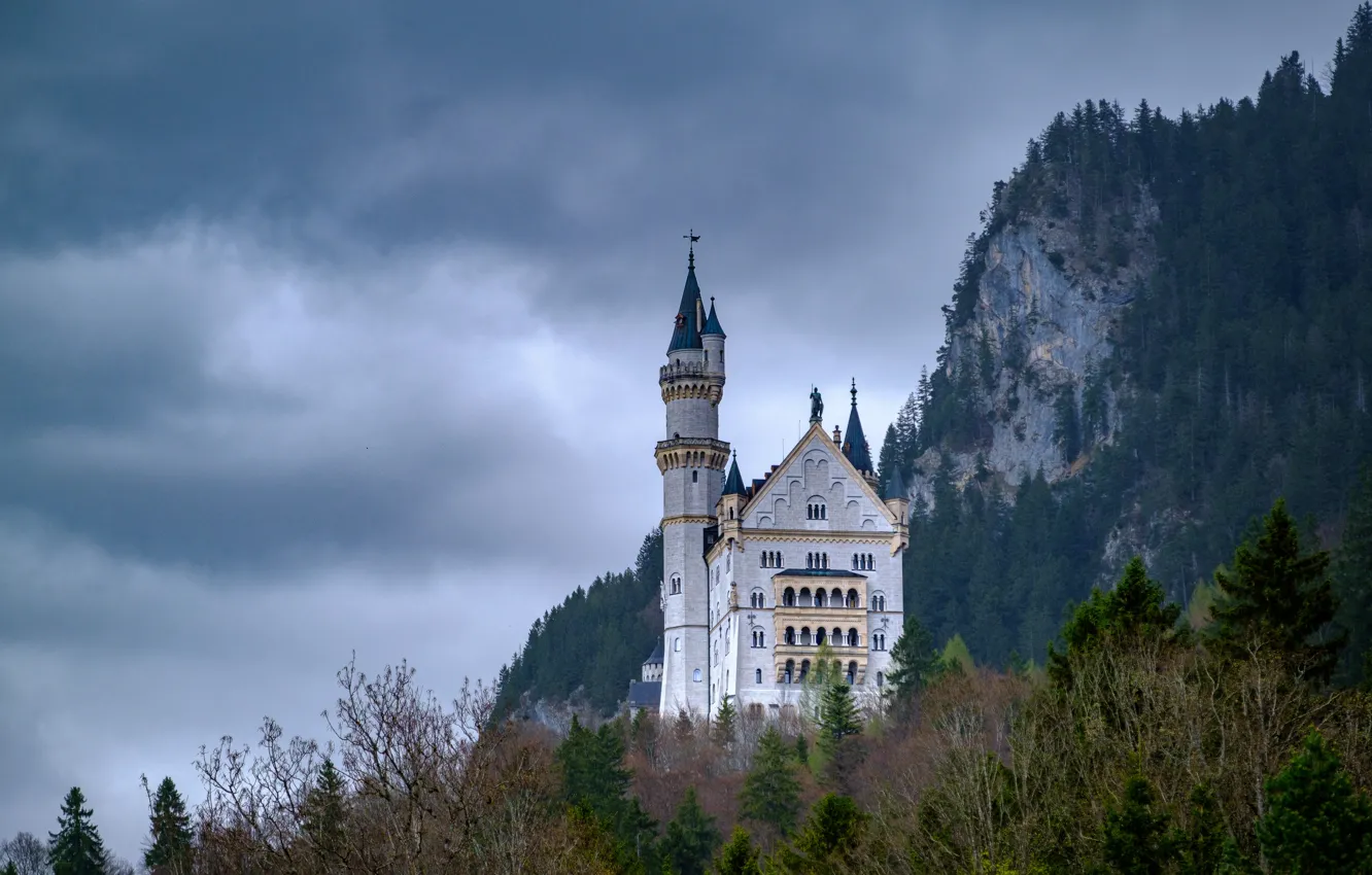 Фото обои лес, горы, замок, вид, высота, Германия, Бавария, архитектура