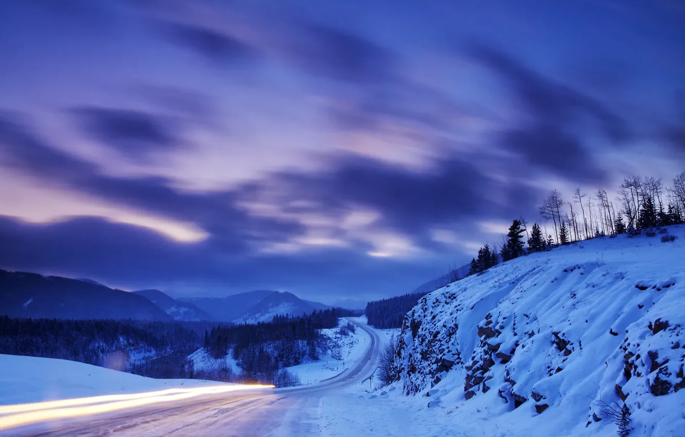 Фото обои зима, дорога, снег, горы, природа, Канада, Альберта