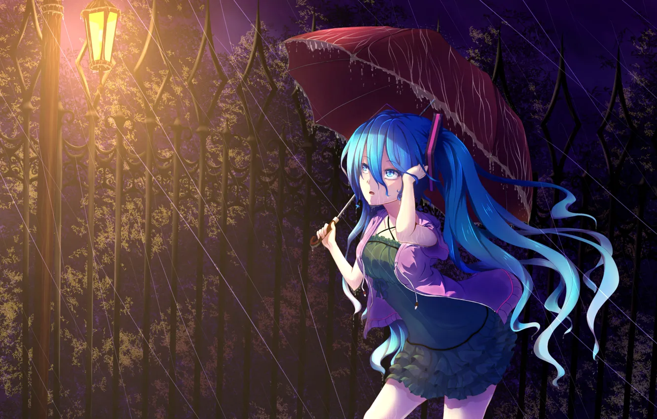 Фото обои девушка, ночь, дождь, удивление, зонт, фонарь, vocaloid, hatsune miku