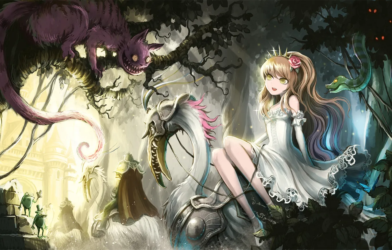Фото обои лес, девушка, замок, змея, аниме, Alice in Wonderland, чеширский кот, art