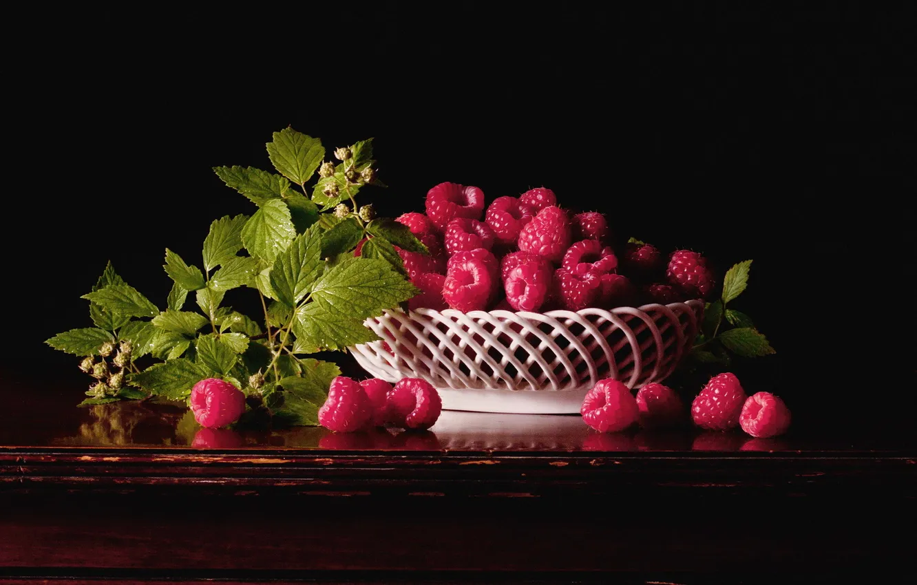 Фото обои ягоды, корзина, листики, малинка