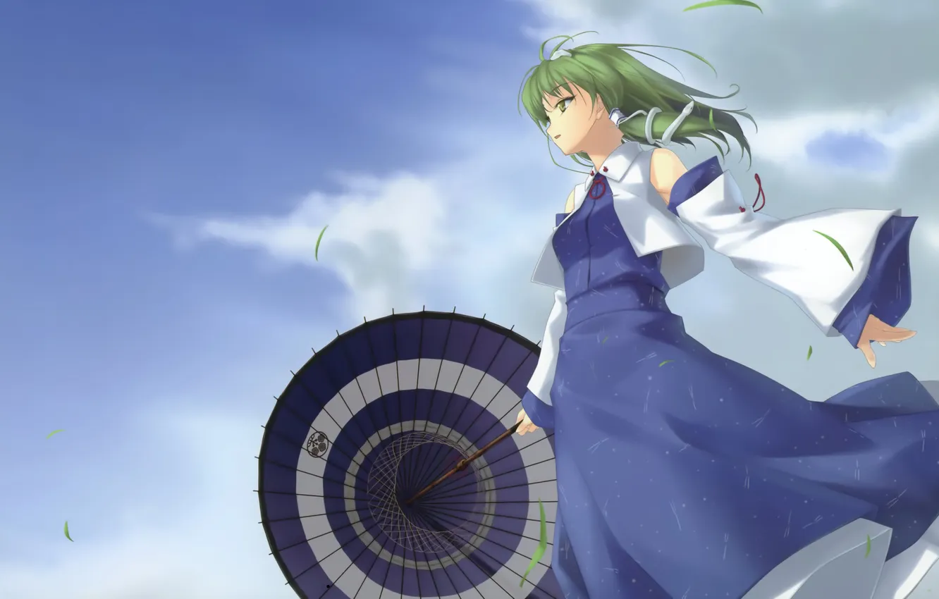 Фото обои листья, девушка, облака, ветер, зонт, touhou