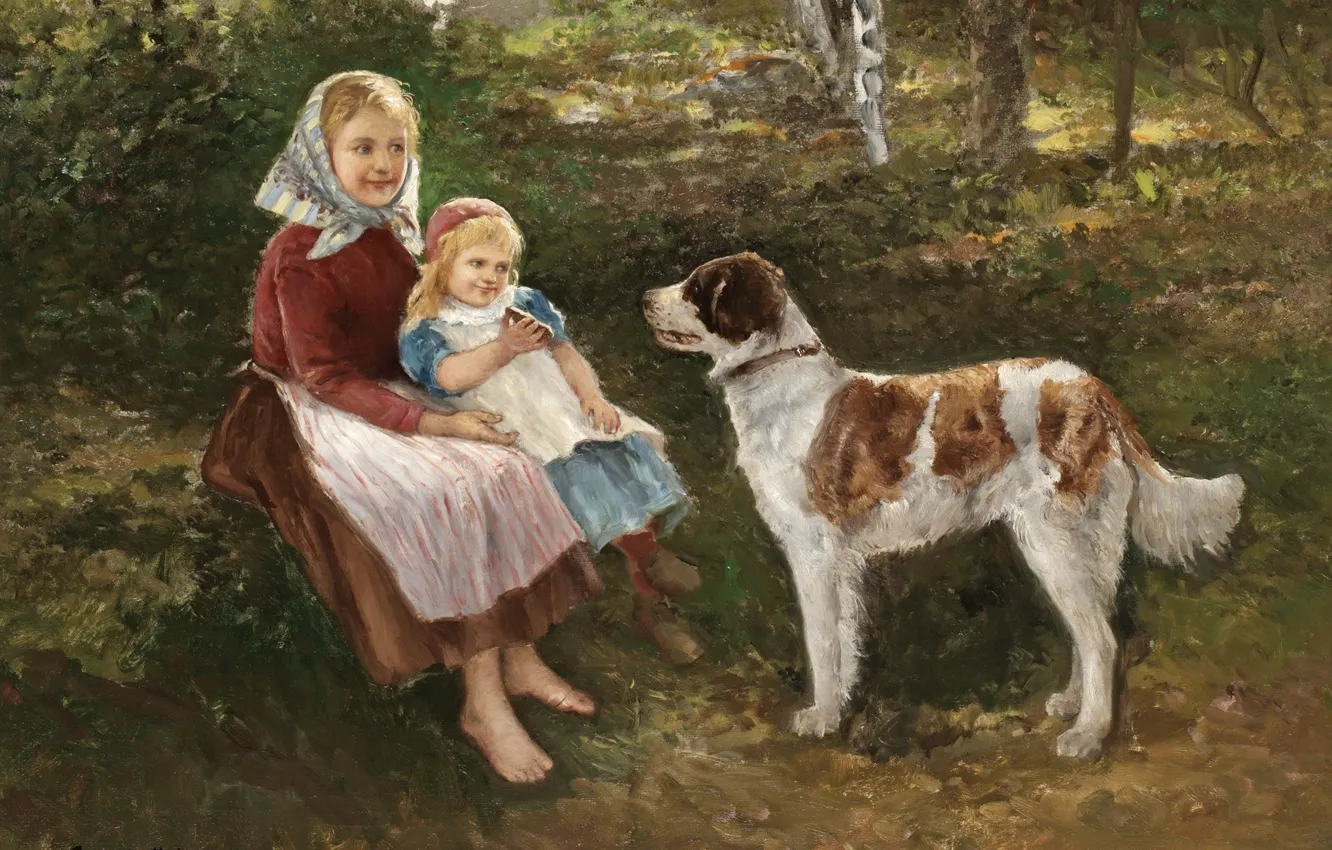 Фото обои шведский художник, Swedish painter, Йохан Северин Нильсон, Barn och hund, Дети и собака, Johan Severin …