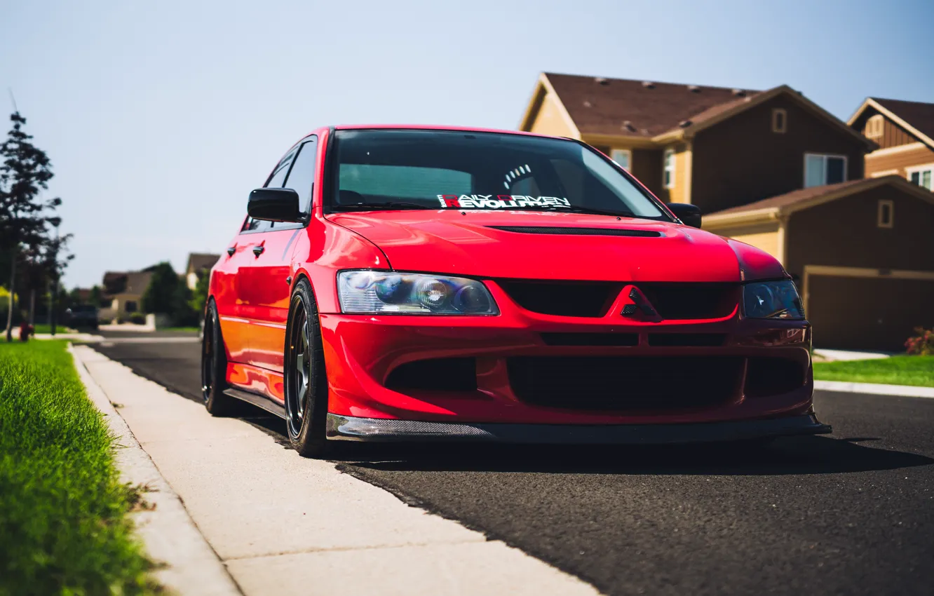 Фото обои House, Mitsubishi, Lancer, Red, Evolution, EVO, Road, Stance