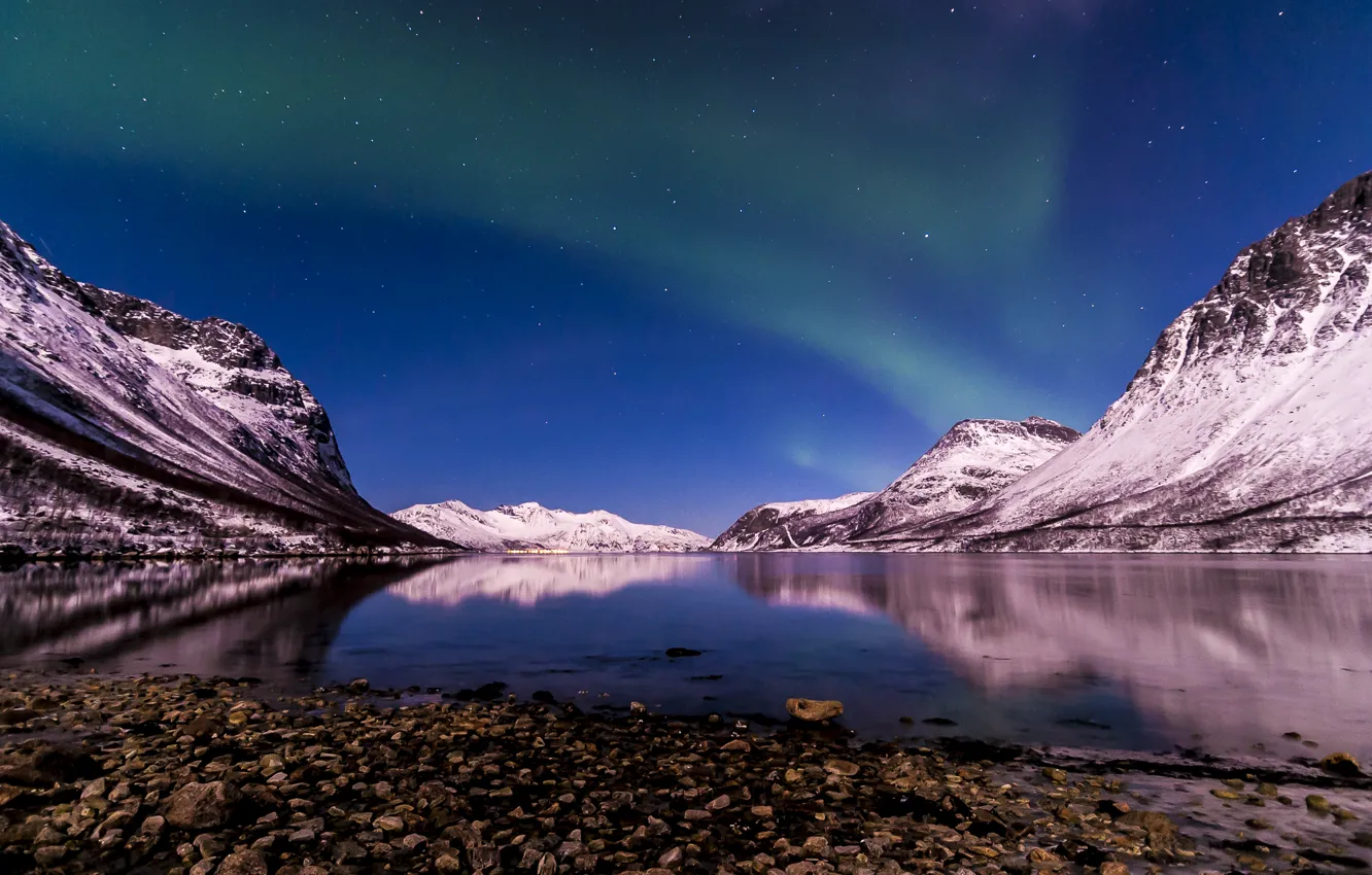 Фото обои зима, ночь, северное сияние, Норвегия, Фьорд Тромсё