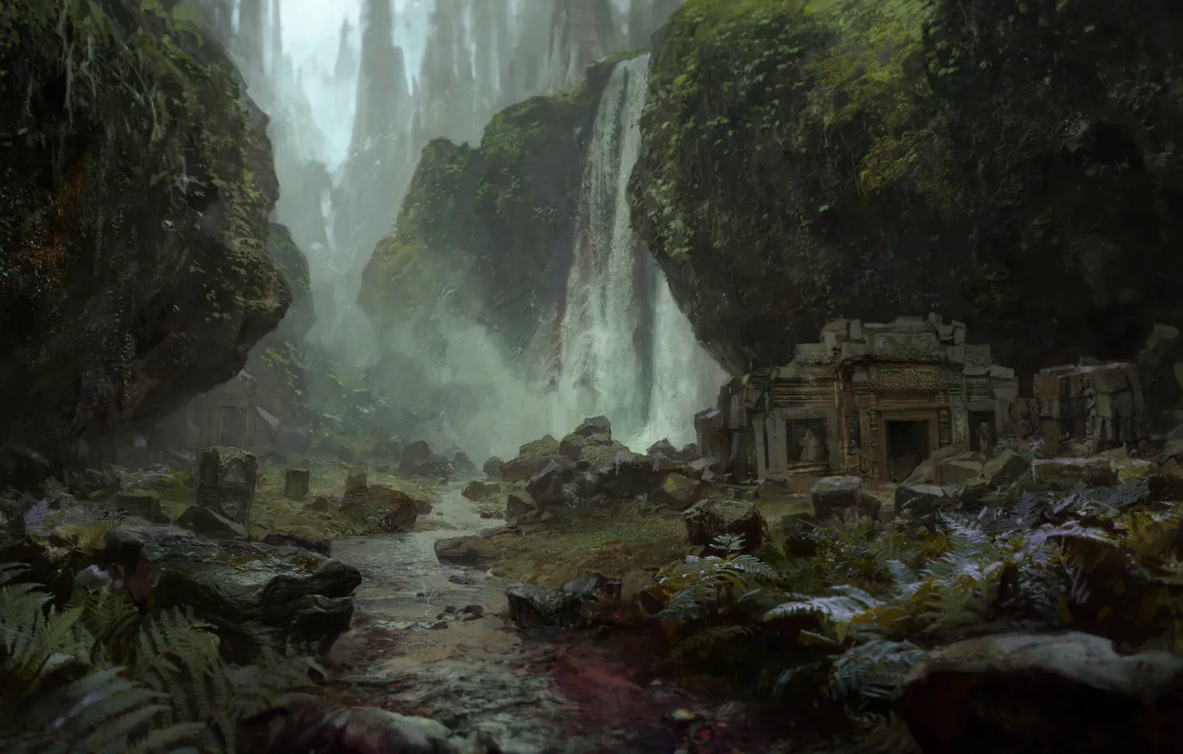 Фото обои трава, туман, ручей, камни, водопад, мох, руины, Path of Exile