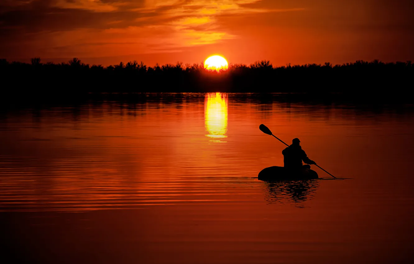 Фото обои закат, природа, река, путь, лодка, человек, цель, вечер