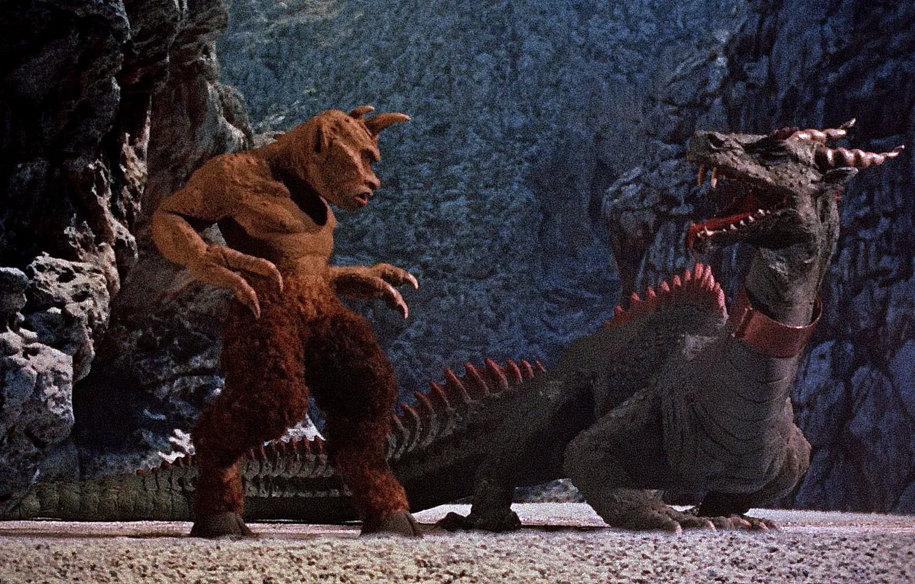 Фото обои Горы, Дракон, США, Двое, Фэнтези, Циклоп, 1958, Columbia Pictures
