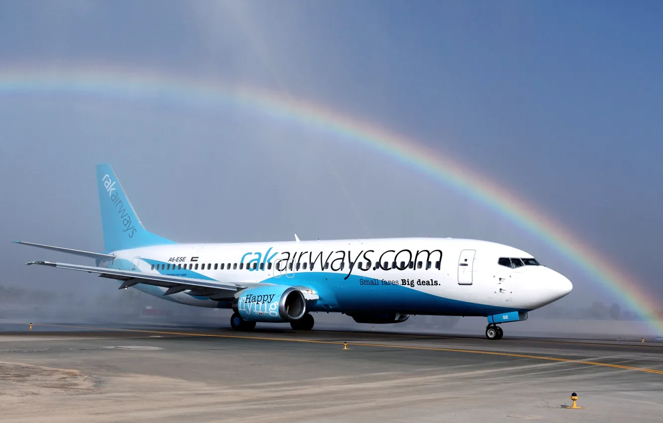 Фото обои Небо, Самолет, Радуга, День, Крылья, Boeing, Авиация, 737