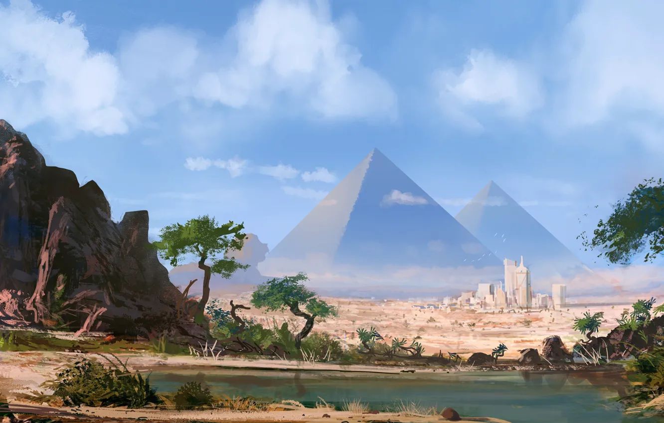 Фото обои Рисунок, Пирамиды, Египет, Art, Josh Hutchinson, by Josh Hutchinson, Египетские пирамиды, New Age Pyramids