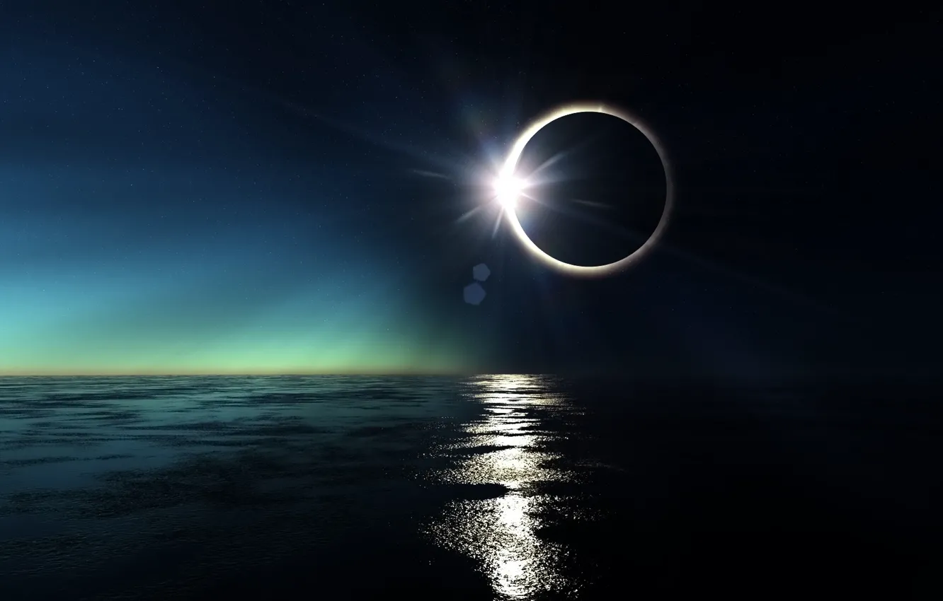 Фото обои море, солнце, океан, белое, круг, Луна, черное, затмение