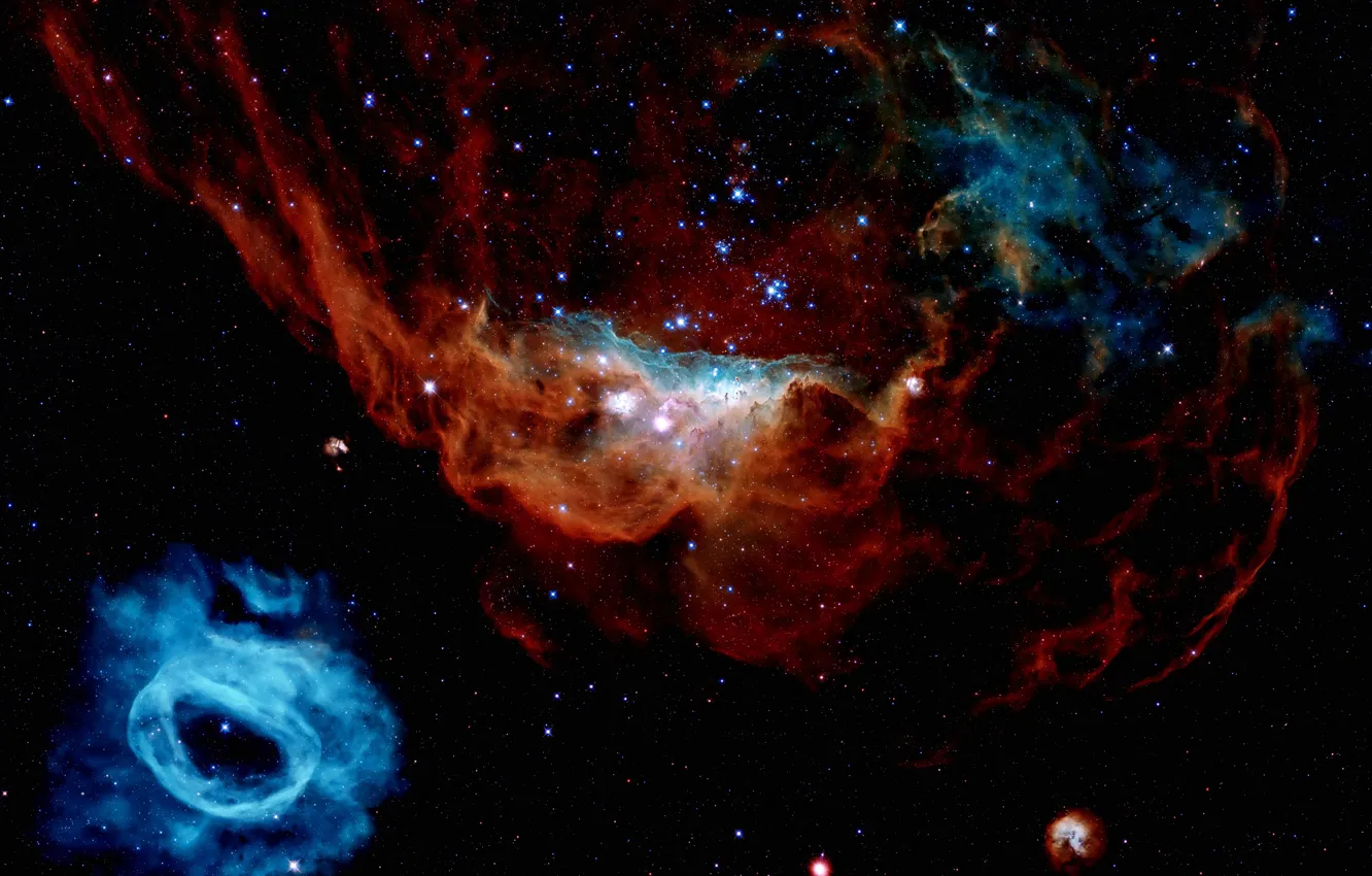 Фото обои Stars, LMC, NGC 2014, NGC 2020, Gas clouds, The Large Magellanic Cloud, Oxygen gas clouds, …