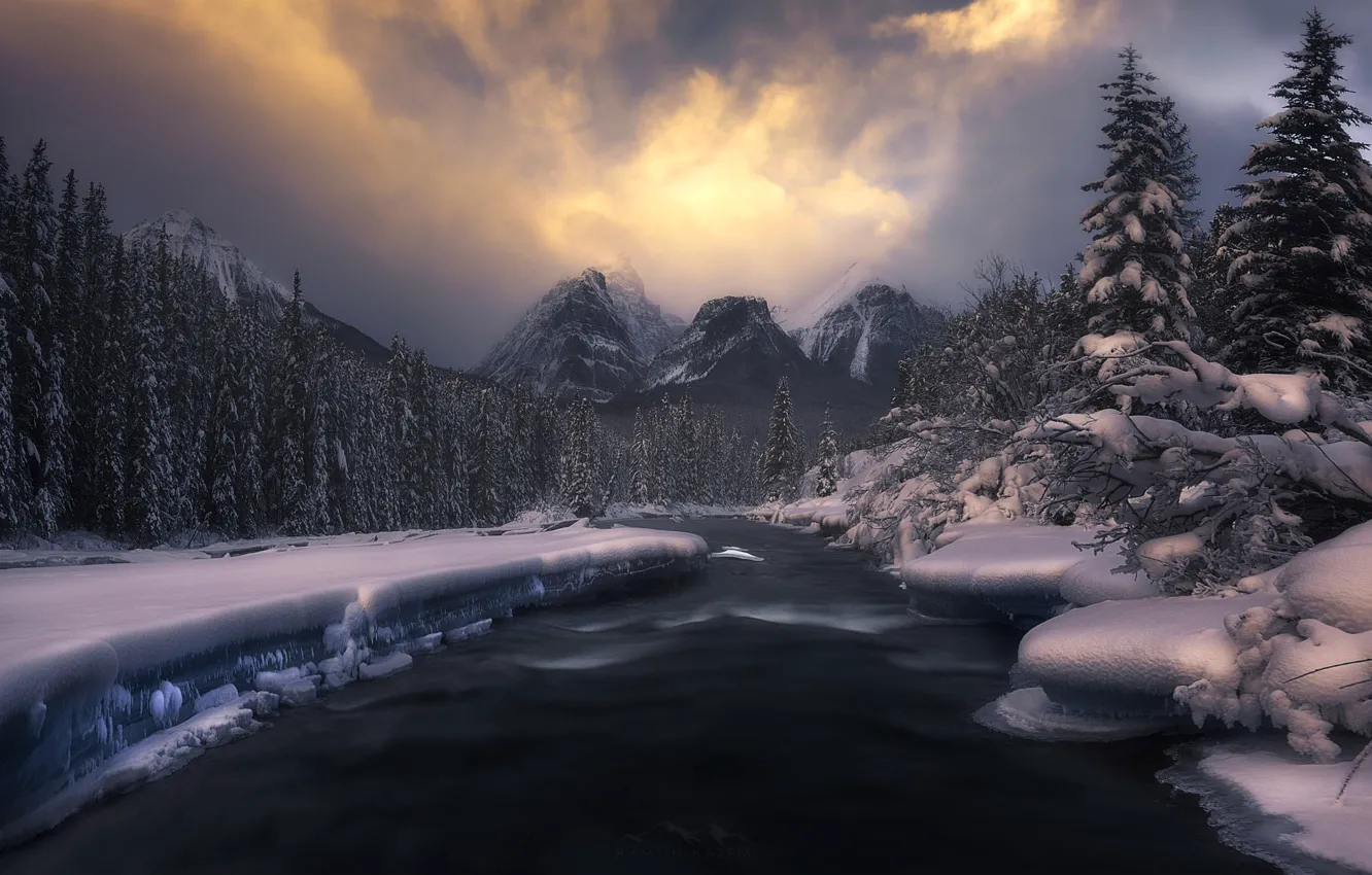 Фото обои зима, лес, снег, горы, природа, река
