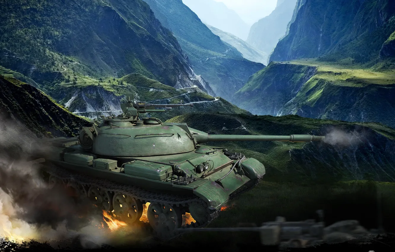 Фото обои пейзаж, горы, скалы, огонь, дым, танк, ущелье, китайский