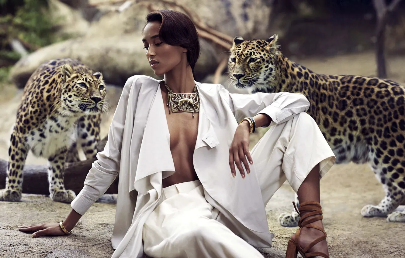 Фото обои girl, Mali, cheetahs, for Harpers bazaar, Bohemian style Safari, African beauties