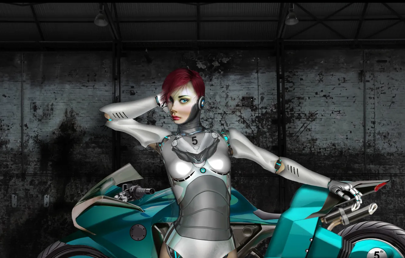 Фото обои девушка, металл, робот, арт, мотоцикл