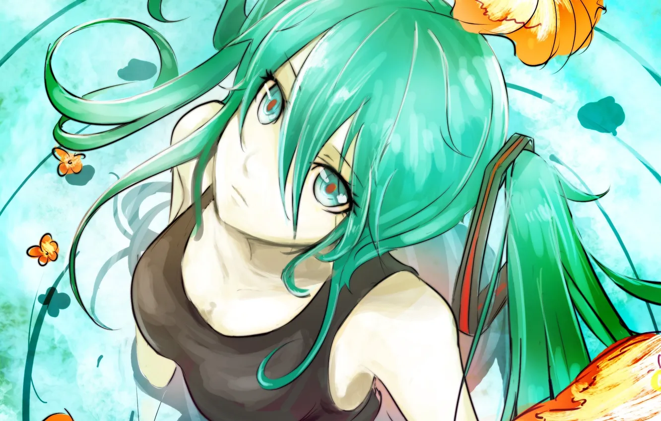 Фото обои вода, девушка, цветы, арт, vocaloid, hatsune miku, вокалоид, beanbean1988