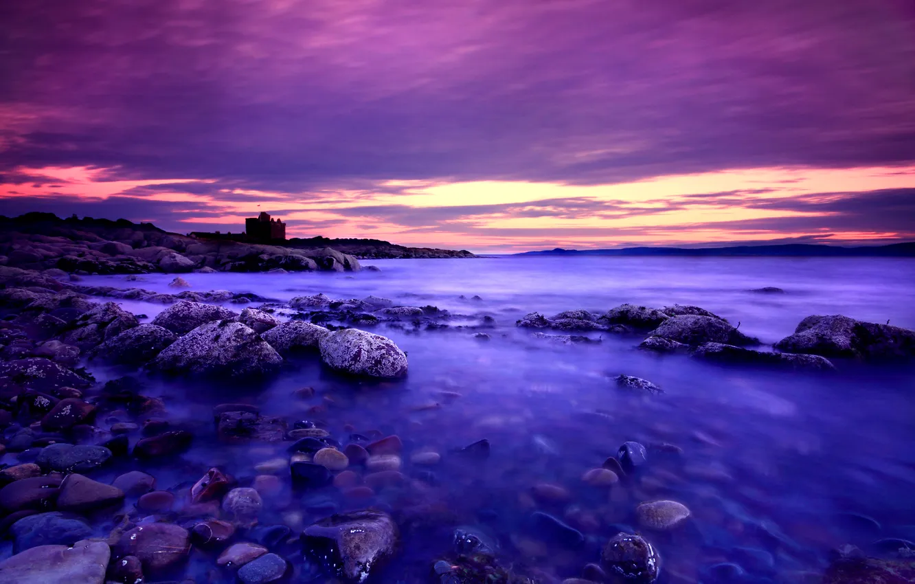 Фото обои море, закат, камни, берег