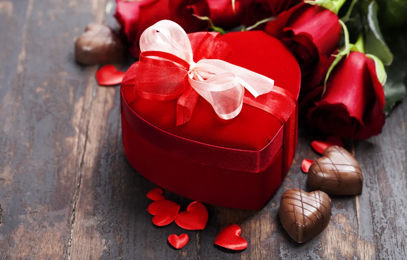 Фото обои подарок, шоколад, розы, букет, лента, сердечки, день святого валентина, Natalia Klenova