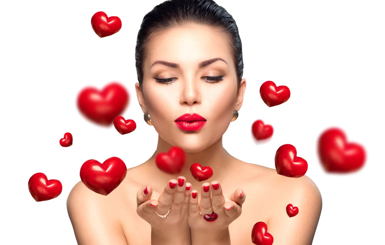 Фото обои Love, Девушка, Любовь, Сердце, Белый фон, Сердечки, Праздник, 14 февраля