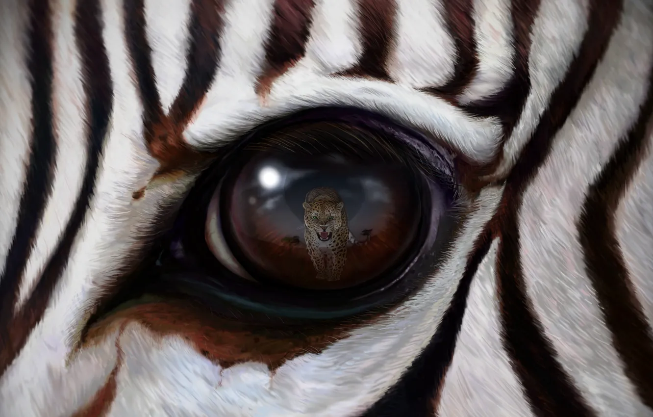 Фото обои wallpaper, leopard, art, predator, eye, reflection, rendering, zebra