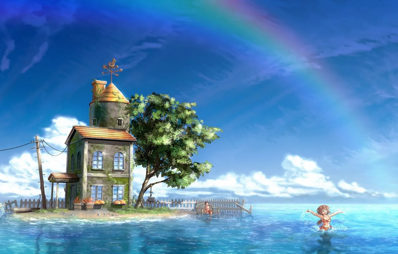 Фото обои море, рисунок, остров, радуга, домик