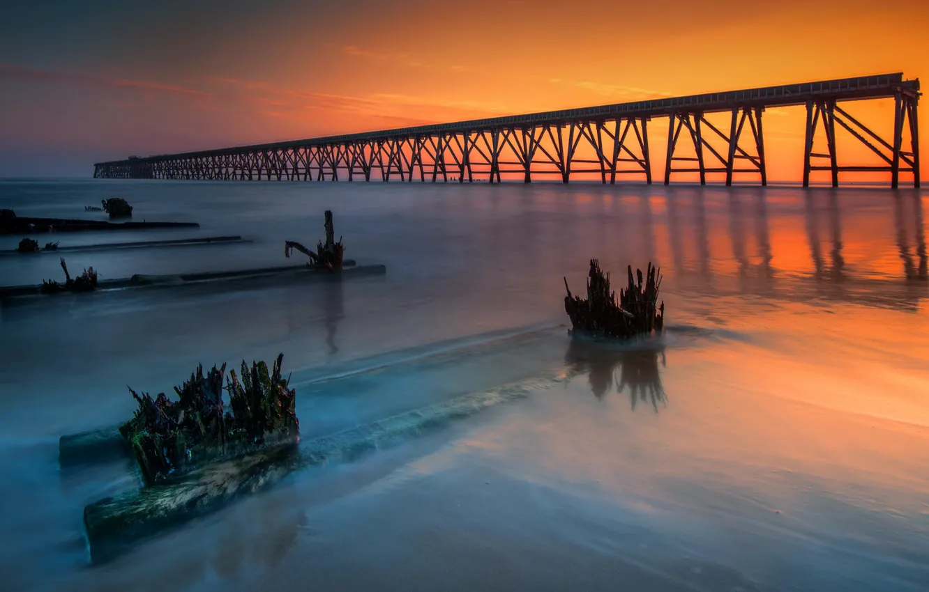 Фото обои море, закат, мост