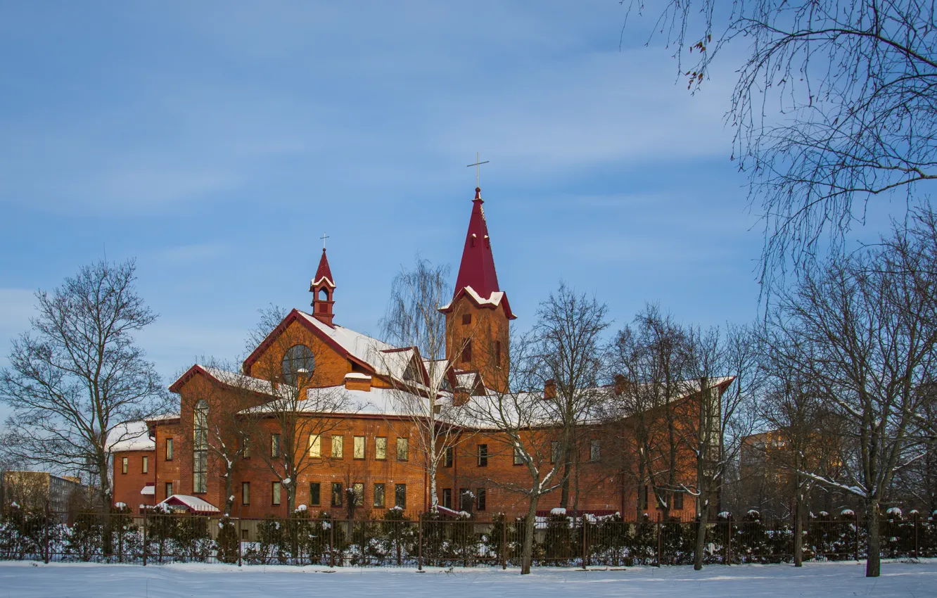 Фото обои зима, город, архитектура, костел