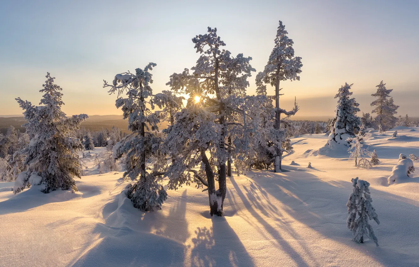 Фото обои зима, снег, Финляндия, Finland, Akaslompolo, Kuer Fell