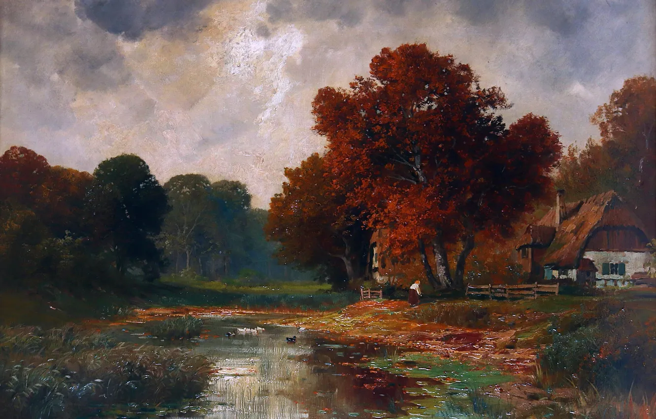 Фото обои Деревья, Дом, Пруд, Картина, Alois Arnegger, Алоис Арнеггер, Австрийский живописец, Осенняя атмосфера у лесного пруда